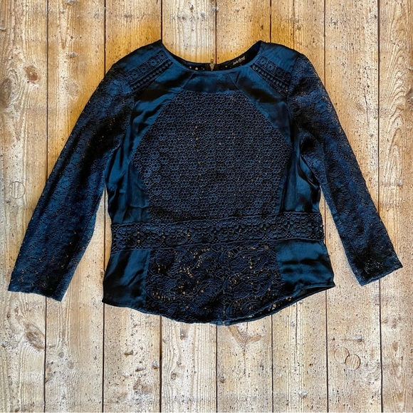 Lucky Brand Black Crochet Lace Long Sleeve Boho Top Large - Picture 3 of 7
